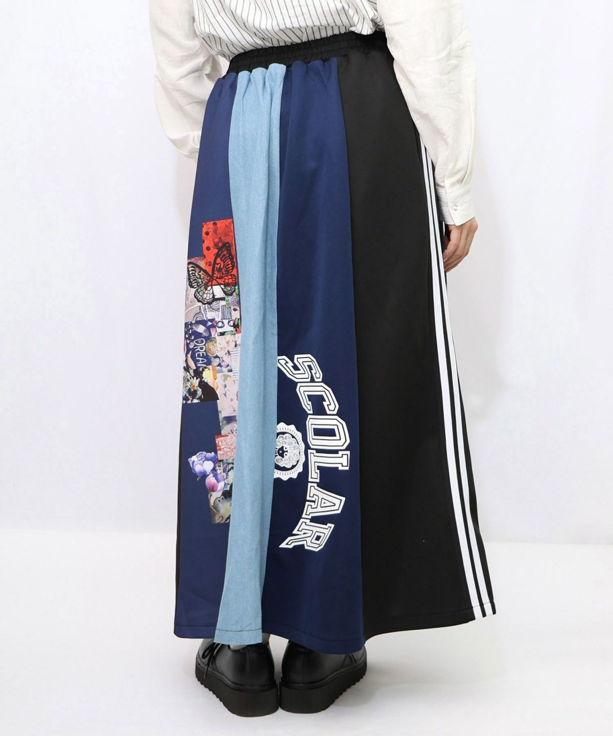 ロゴコラージュ柄 デニム×ジャージ切替スカート-17