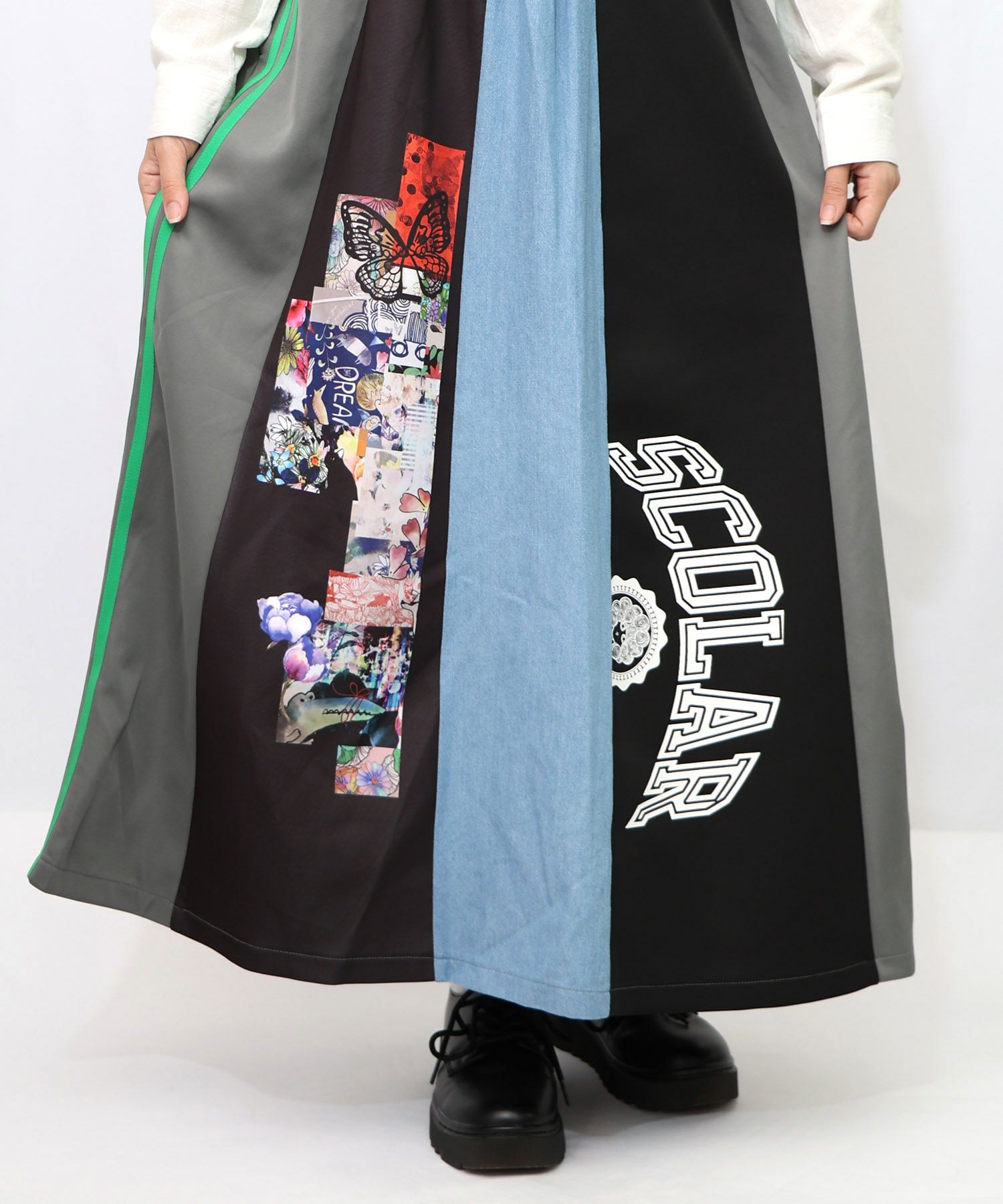 ロゴコラージュ柄 デニム×ジャージ切替スカート-21