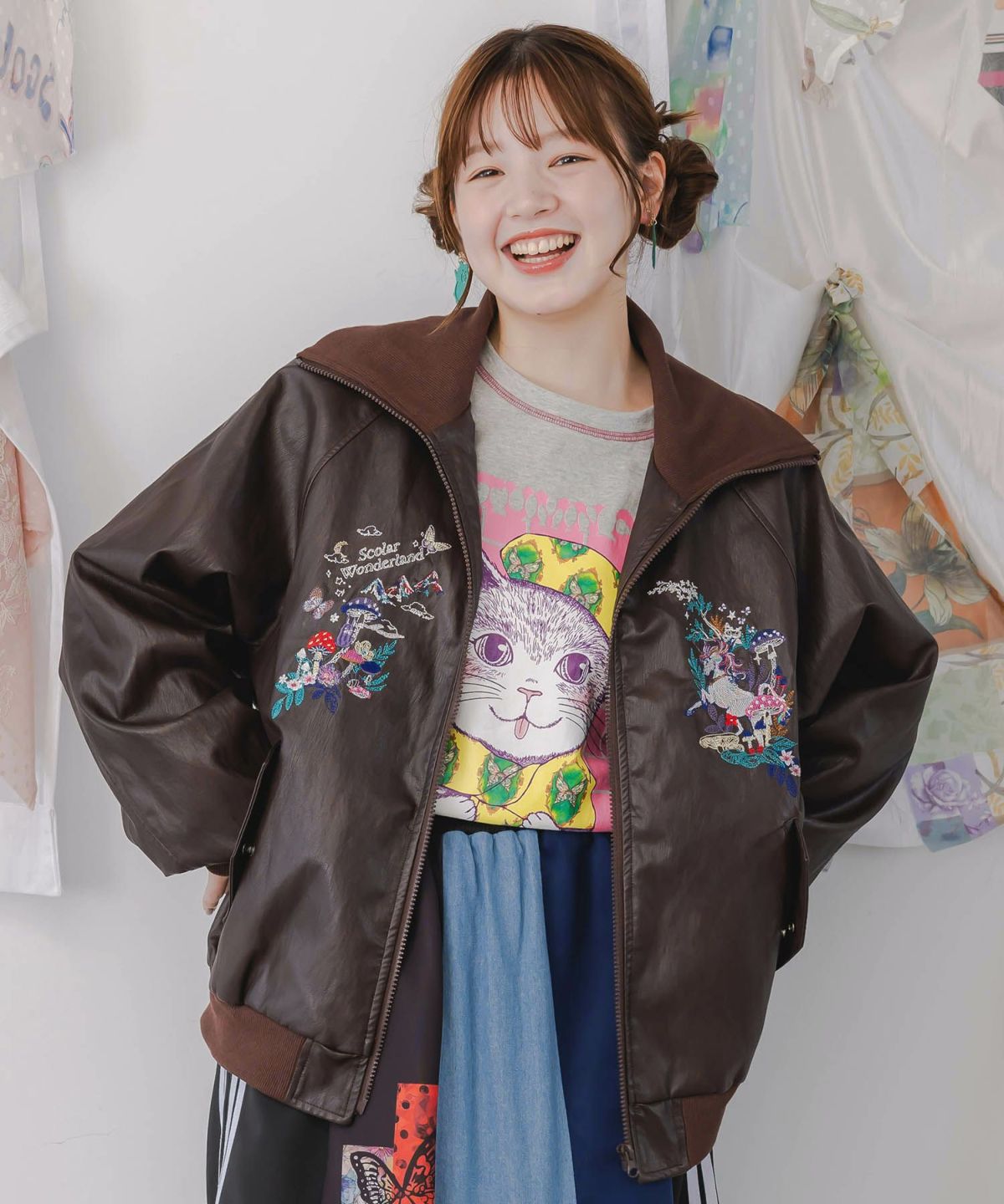 スカラーとキノコ刺繍 合皮ブルゾン-1