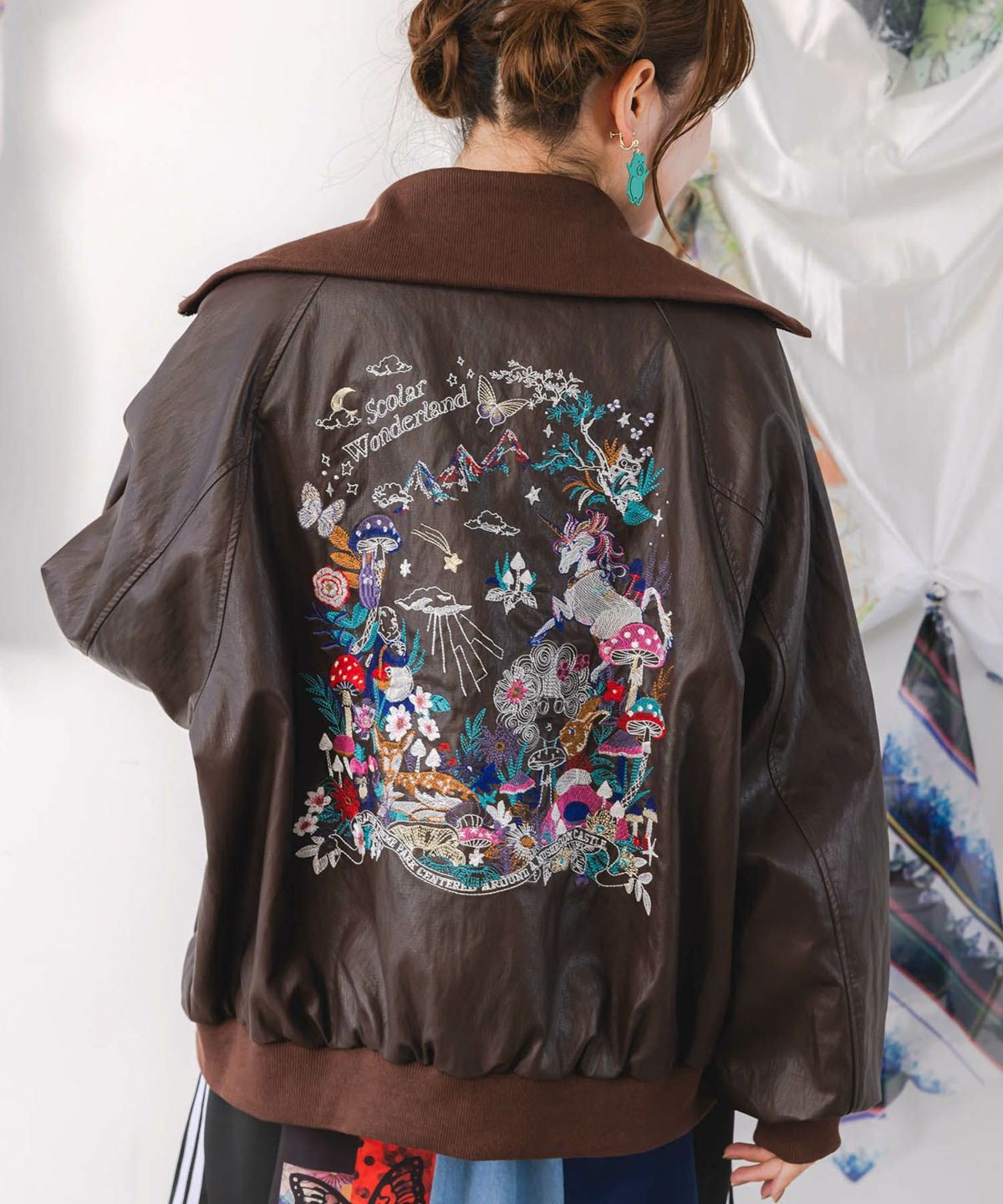 スカラーとキノコ刺繍 合皮ブルゾン-2