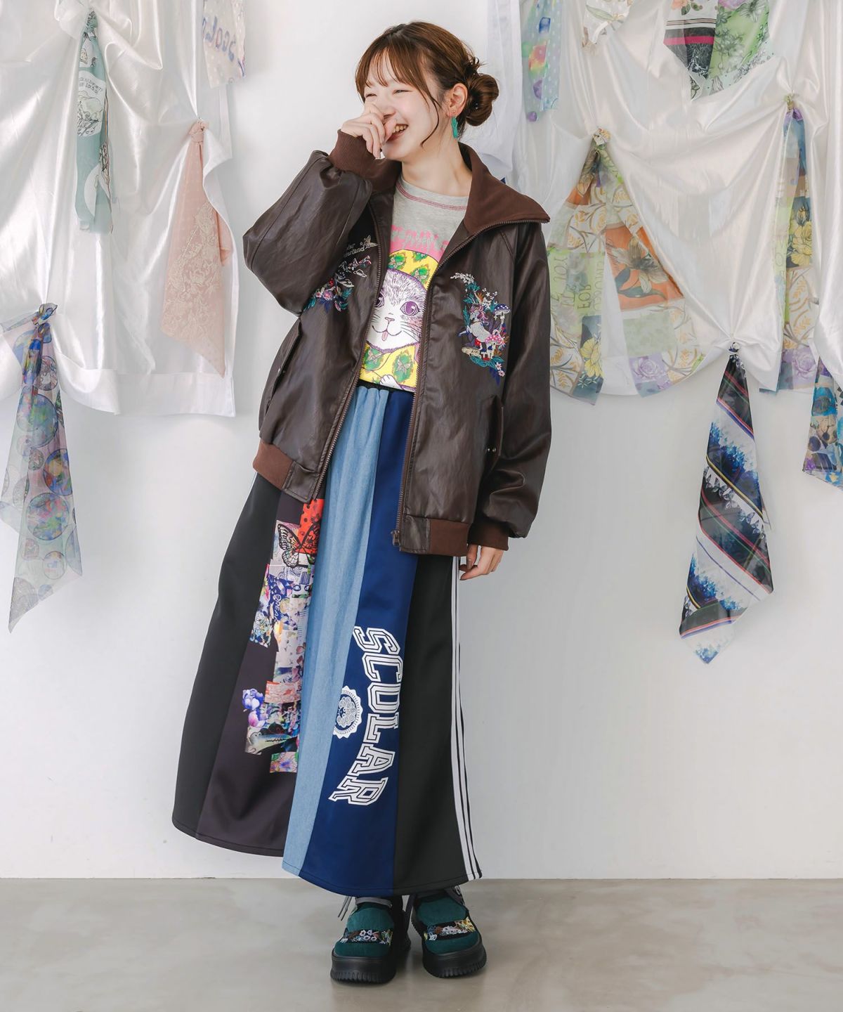 スカラーとキノコ刺繍 合皮ブルゾン-3