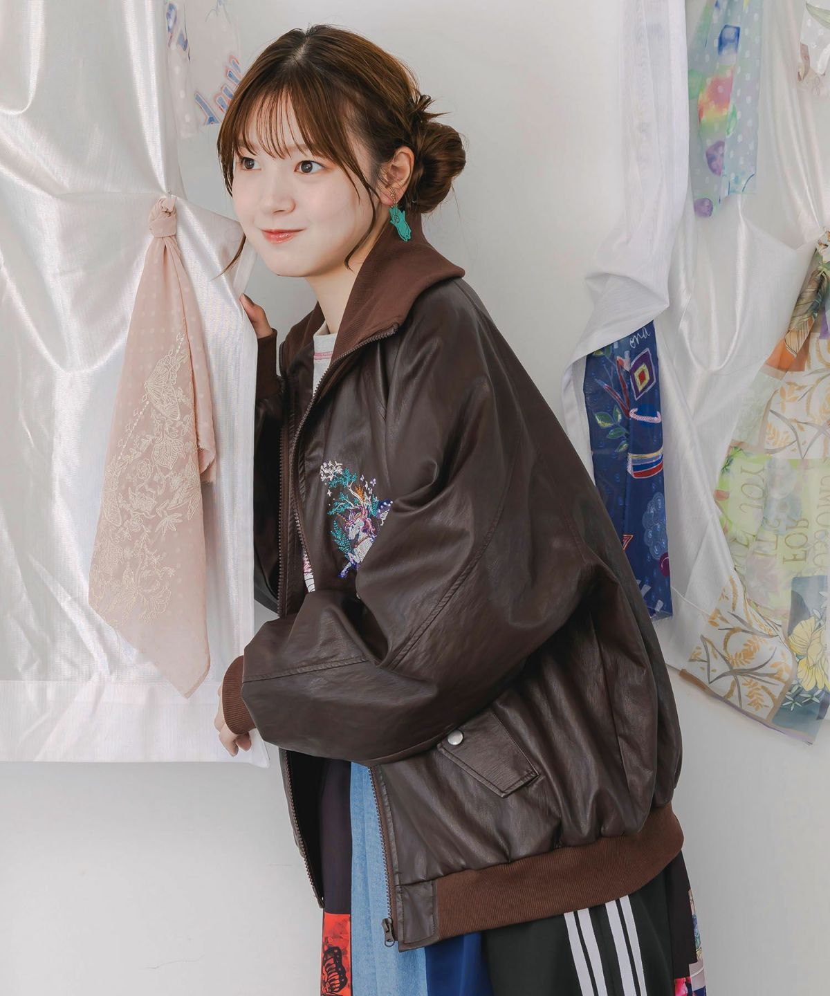 スカラーとキノコ刺繍 合皮ブルゾン-4