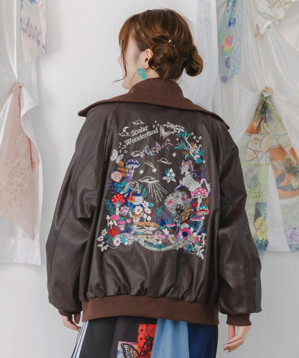 スカラーとキノコ刺繍 合皮ブルゾン-5
