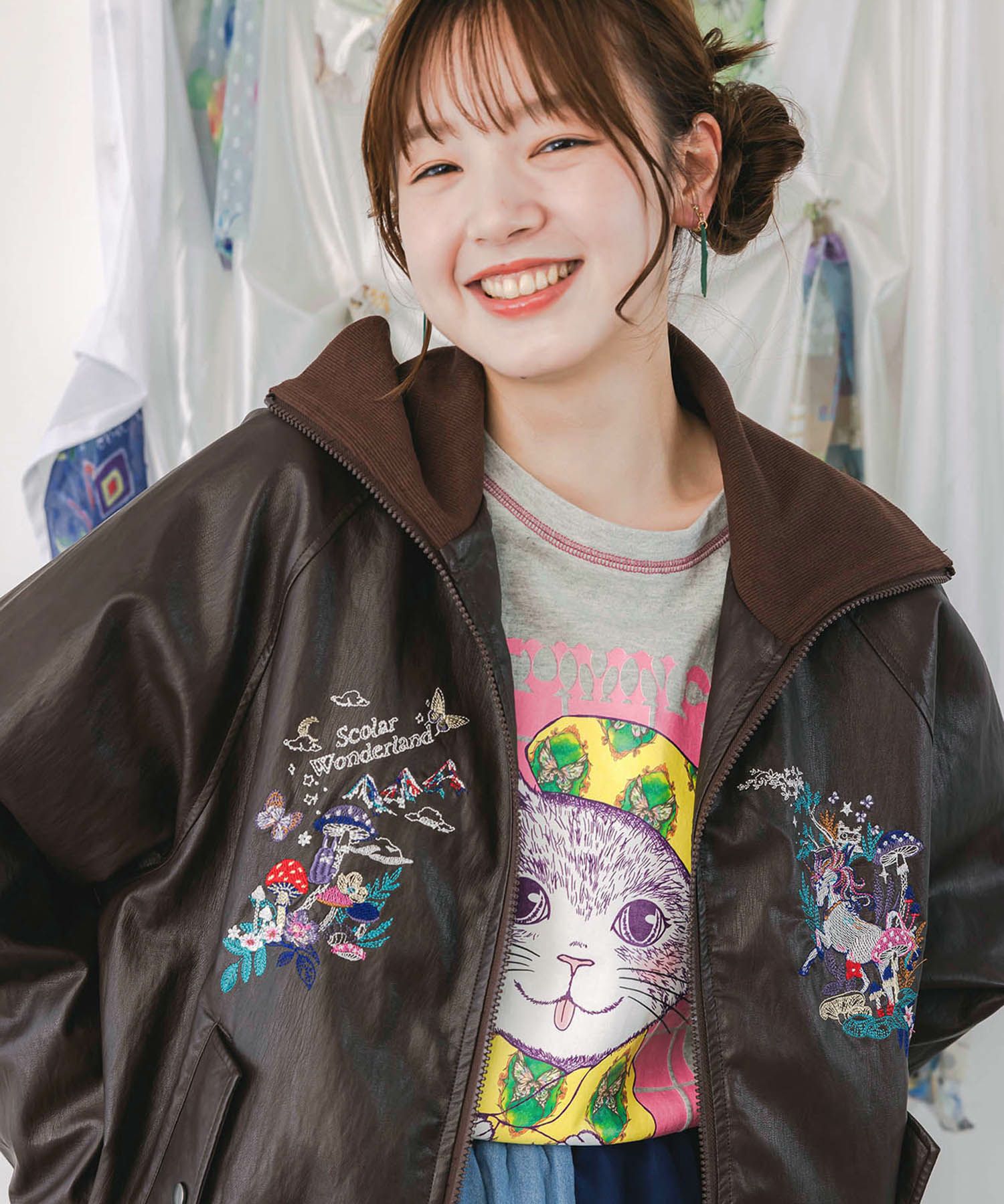 スカラーとキノコ刺繍 合皮ブルゾン-7