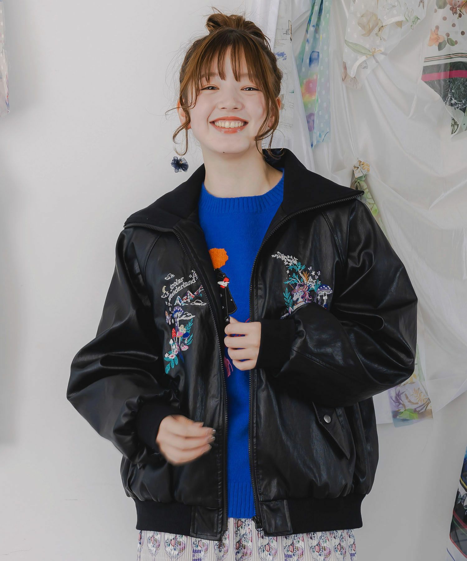 スカラーとキノコ刺繍 合皮ブルゾン-8