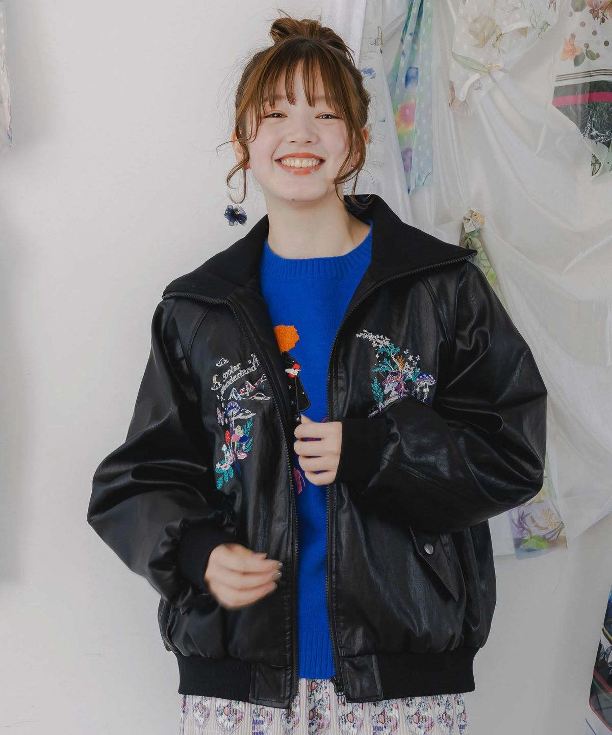 スカラーとキノコ刺繍 合皮ブルゾン-8