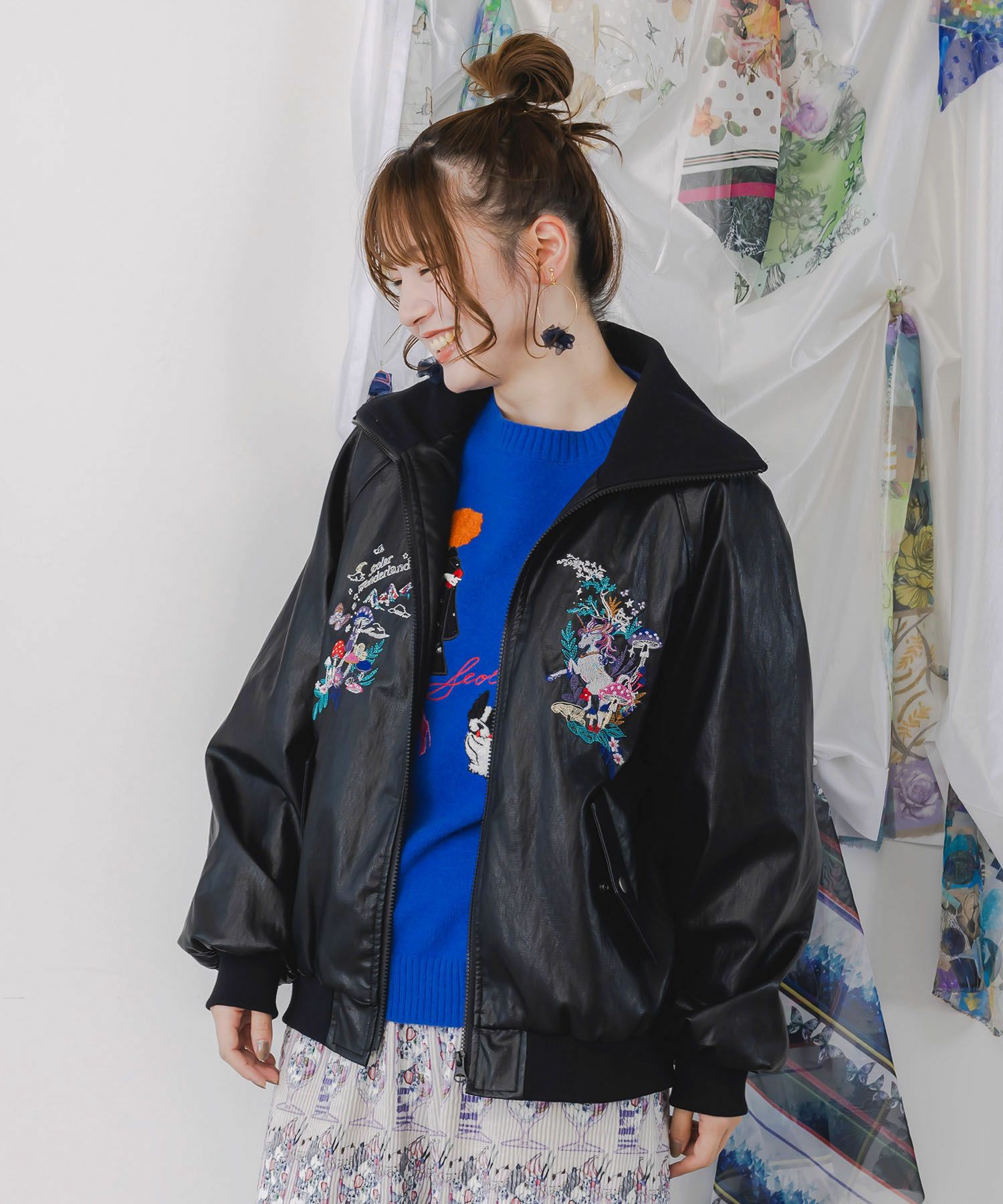 スカラーとキノコ刺繍 合皮ブルゾン-10