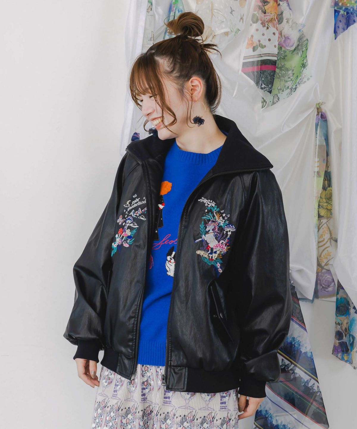 スカラーとキノコ刺繍 合皮ブルゾン-10