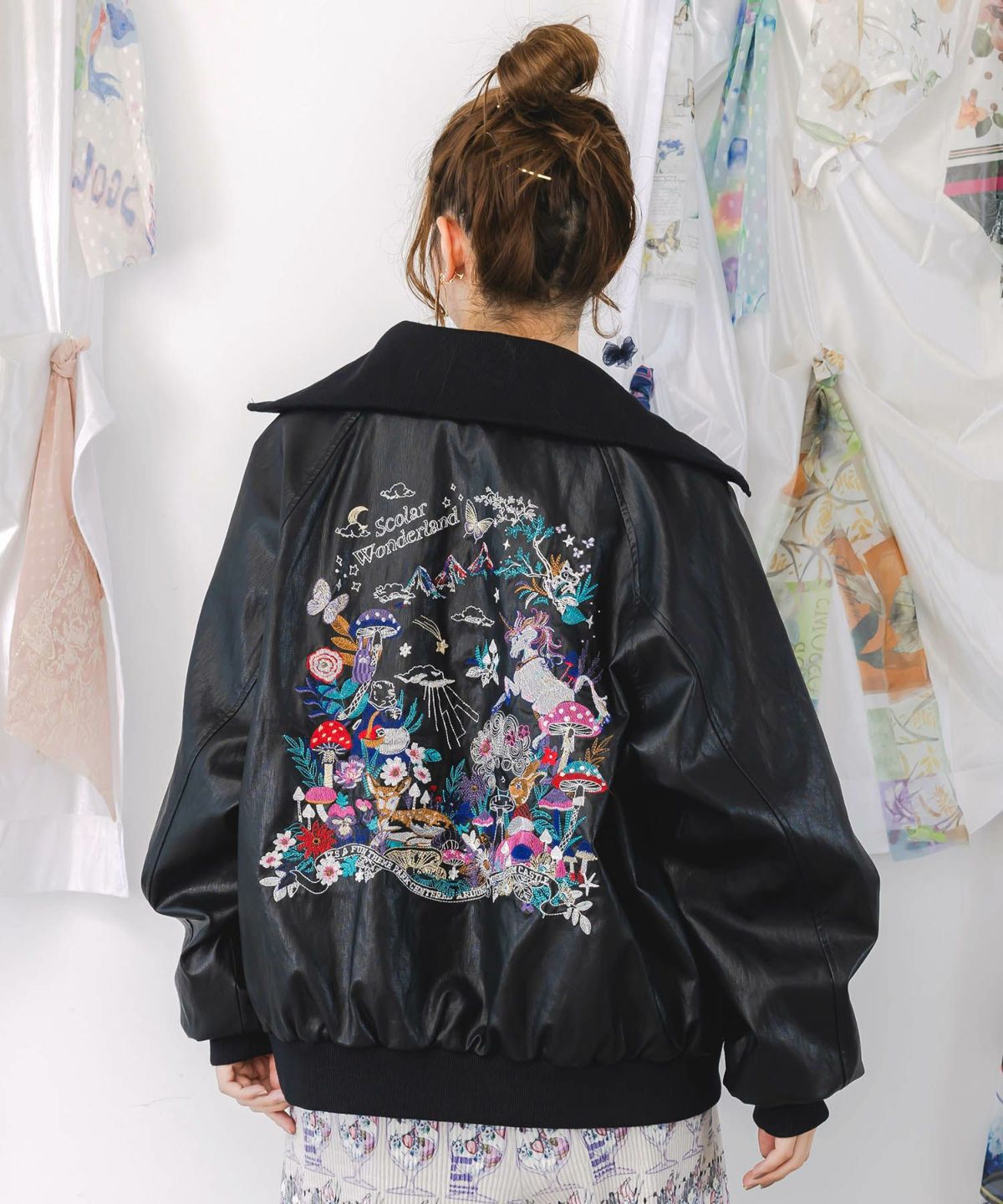 スカラーとキノコ刺繍 合皮ブルゾン-11