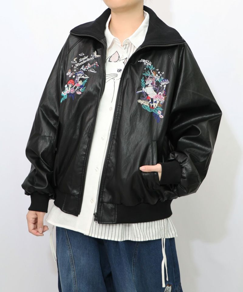 スカラーとキノコ刺繍 合皮ブルゾン-12