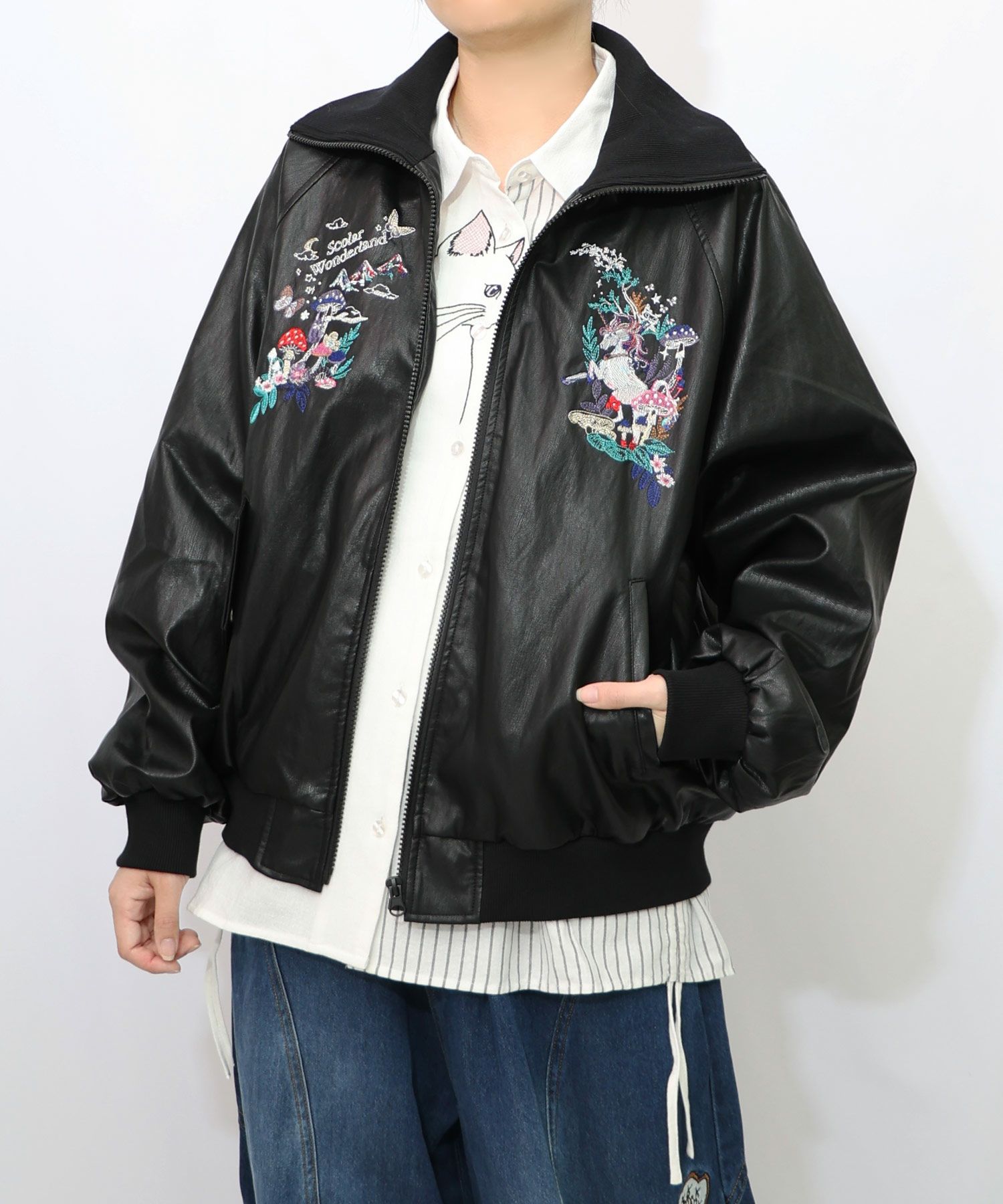 スカラーとキノコ刺繍 合皮ブルゾン-12