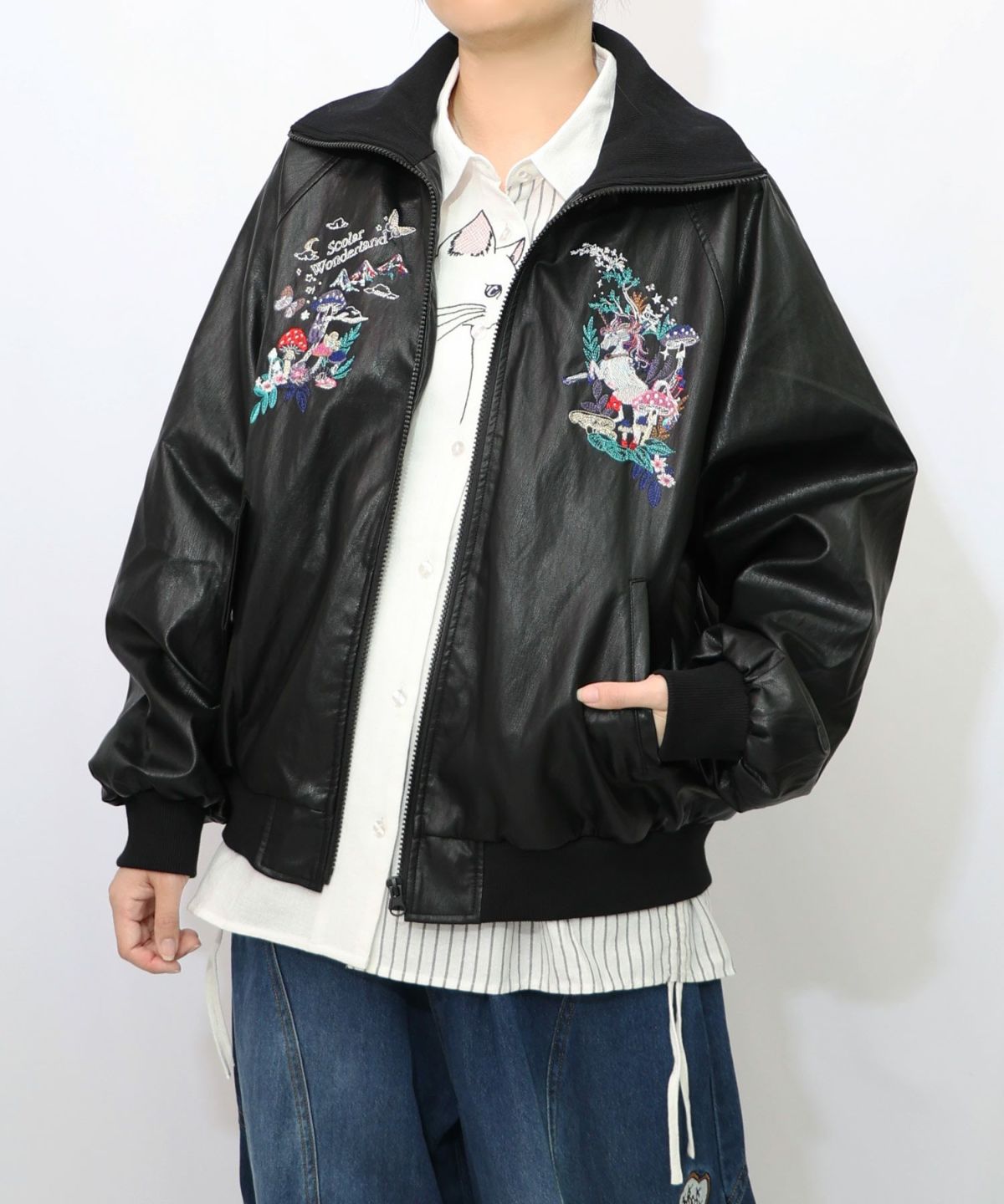 スカラーとキノコ刺繍 合皮ブルゾン-12