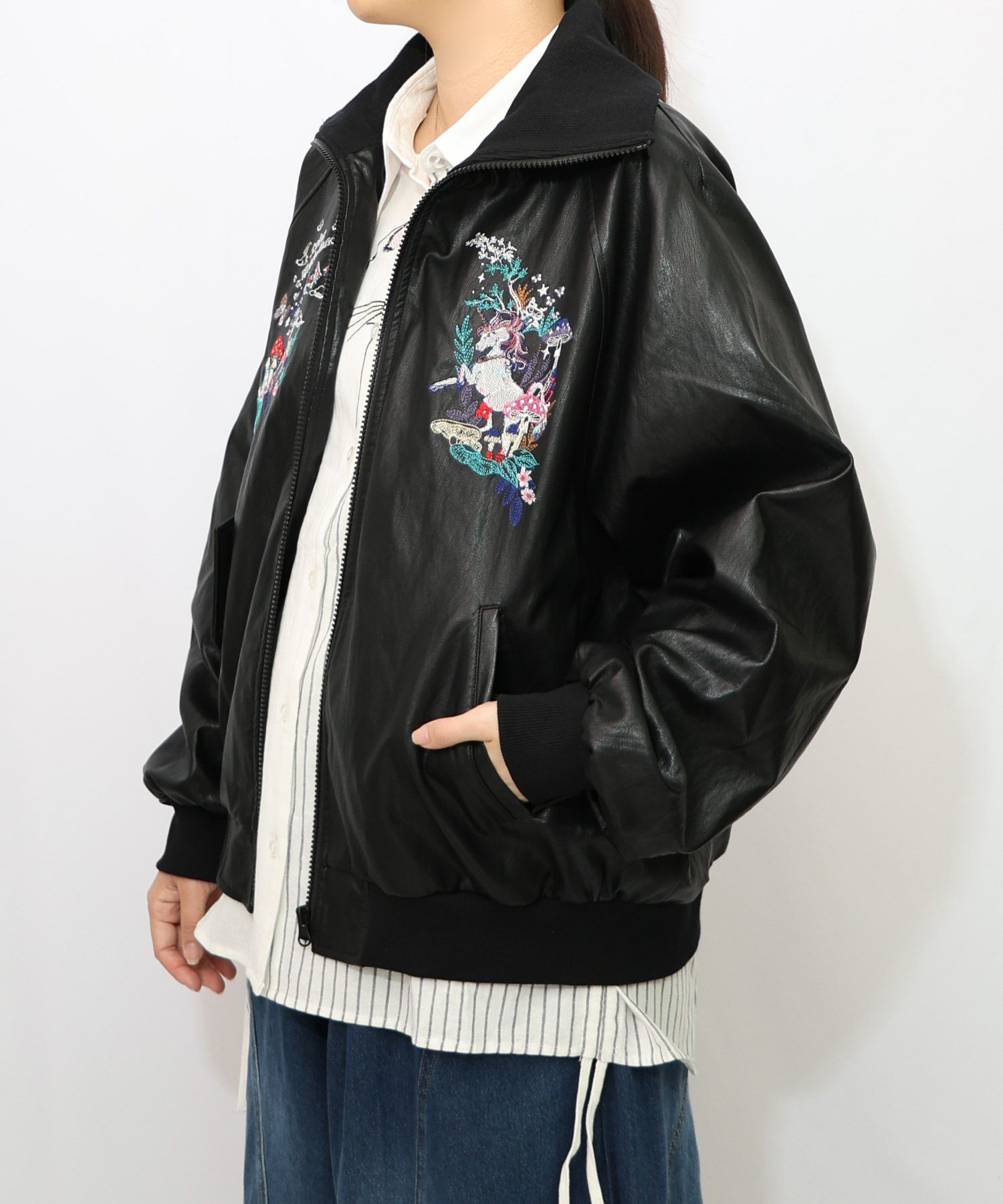 スカラーとキノコ刺繍 合皮ブルゾン-13