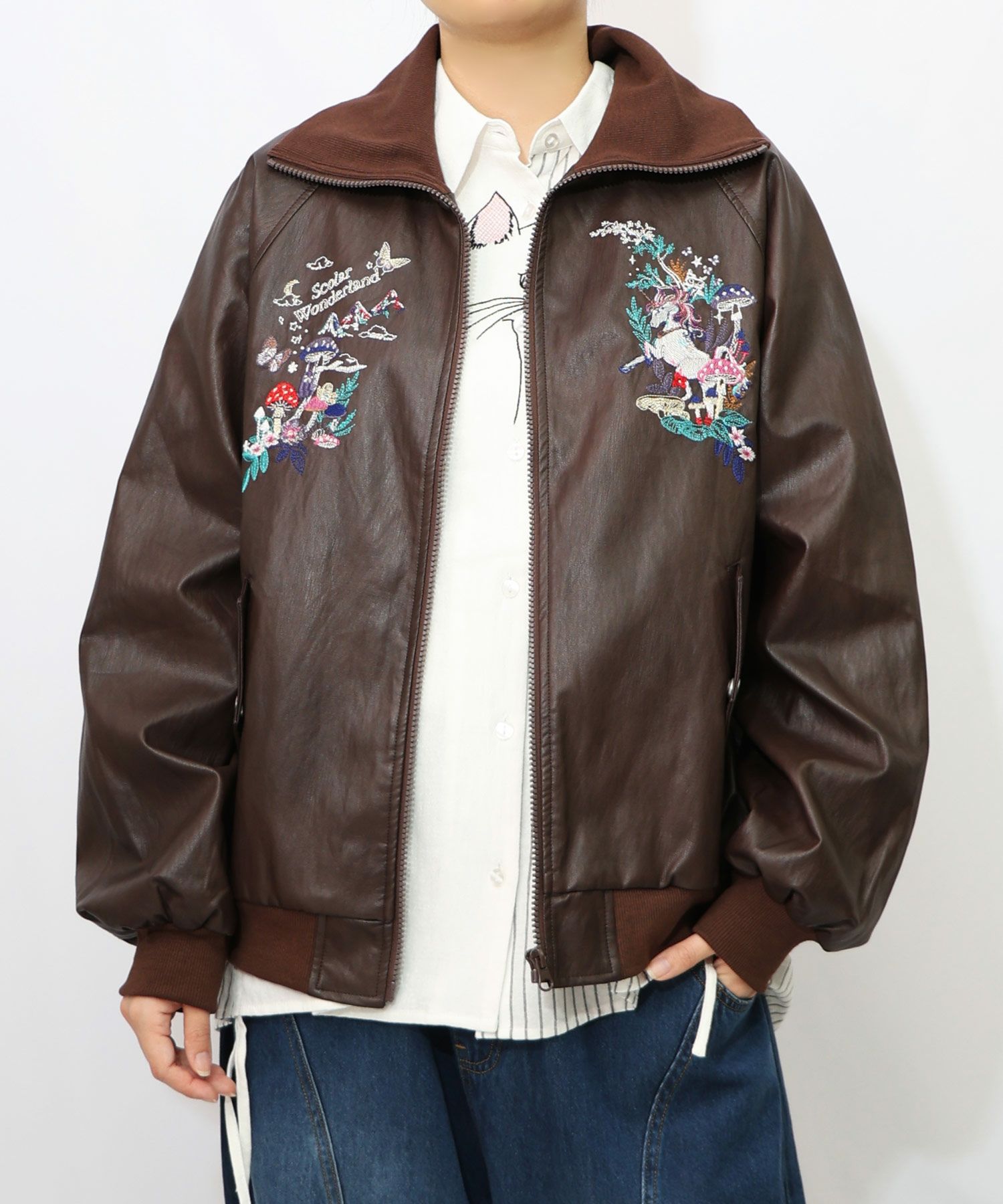 スカラーとキノコ刺繍 合皮ブルゾン-16