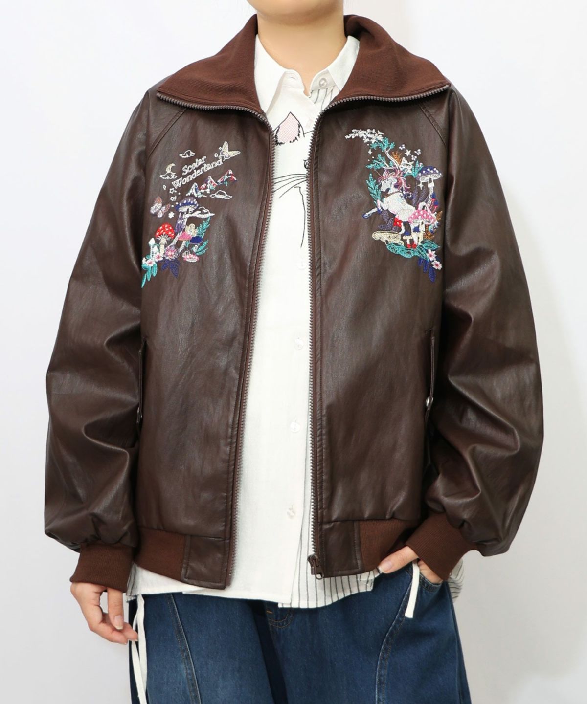スカラーとキノコ刺繍 合皮ブルゾン-16