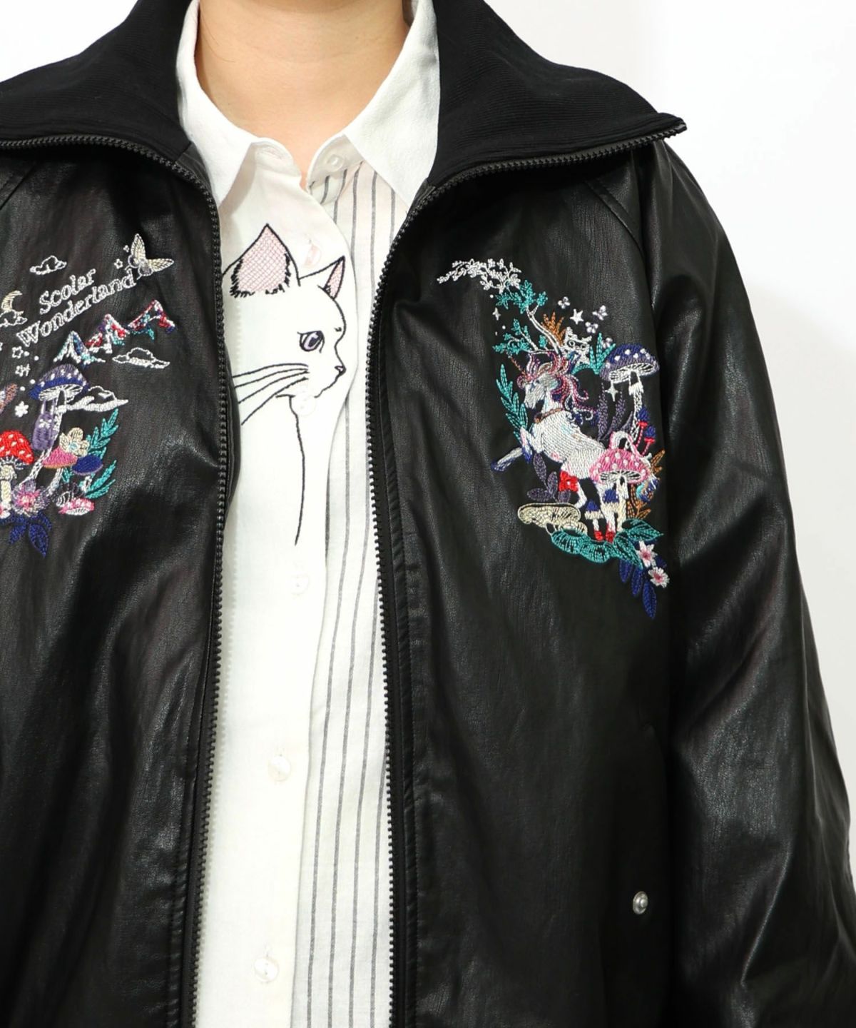 スカラーとキノコ刺繍 合皮ブルゾン-21