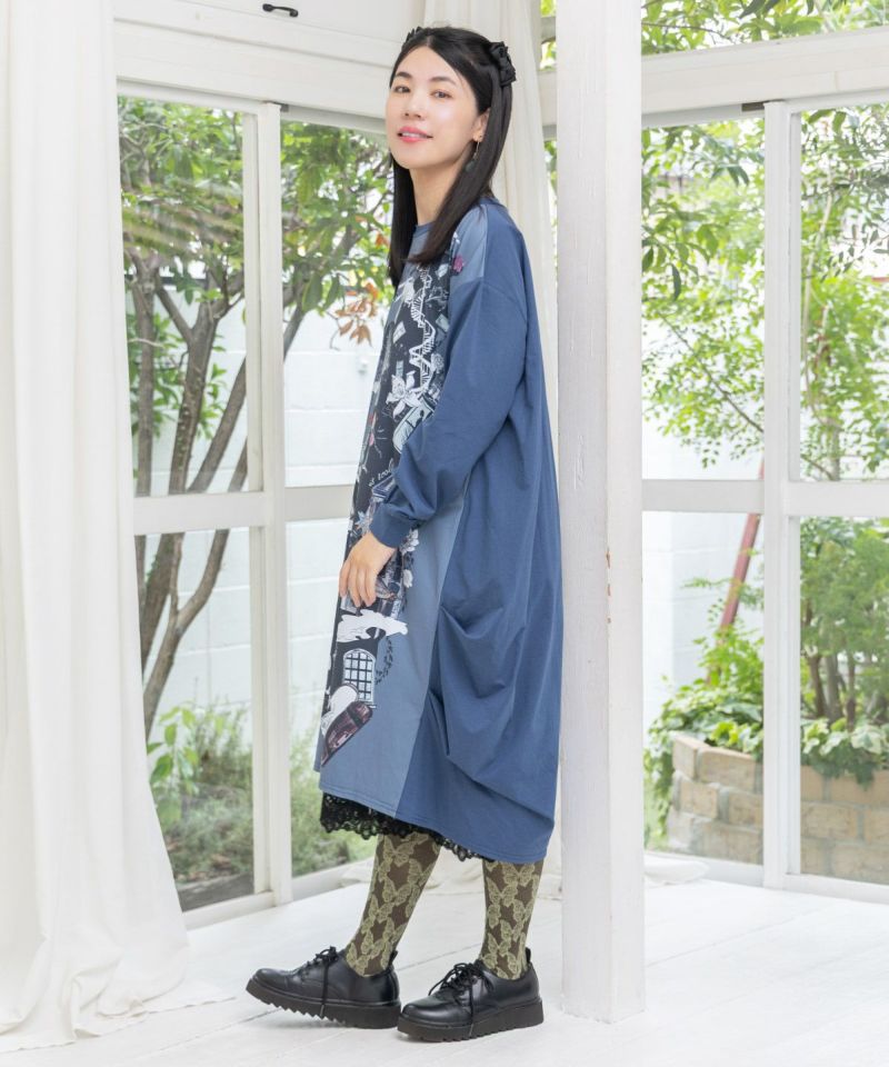 不思議な街柄タック入りワンピース-9