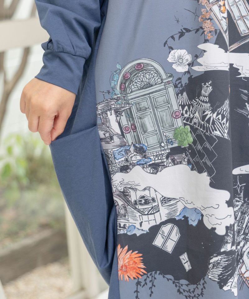 不思議な街柄タック入りワンピース-12