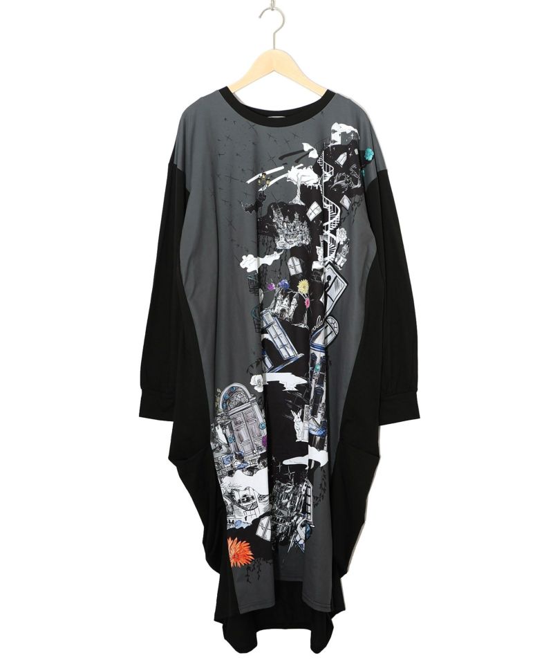 不思議な街柄タック入りワンピース-13