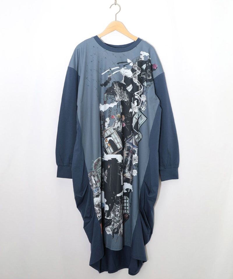 iS ScoLar 553239：不思議な街柄タック入りワンピース 553239：不思議な街柄タック入りワンピースの通販-ScoLar