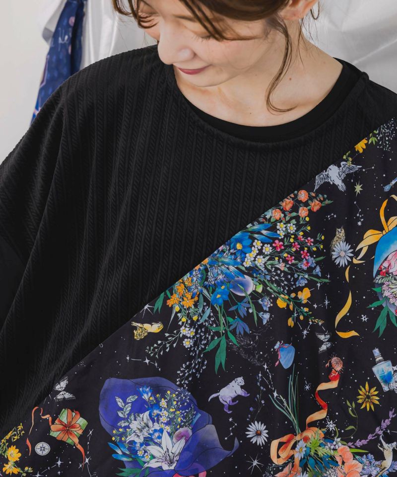 ネコと花の天の川柄 ドロストワンピース-6