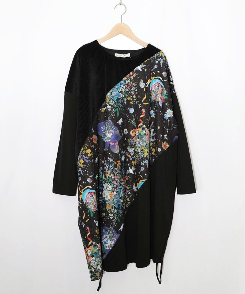 ネコと花の天の川柄 ドロストワンピース-7