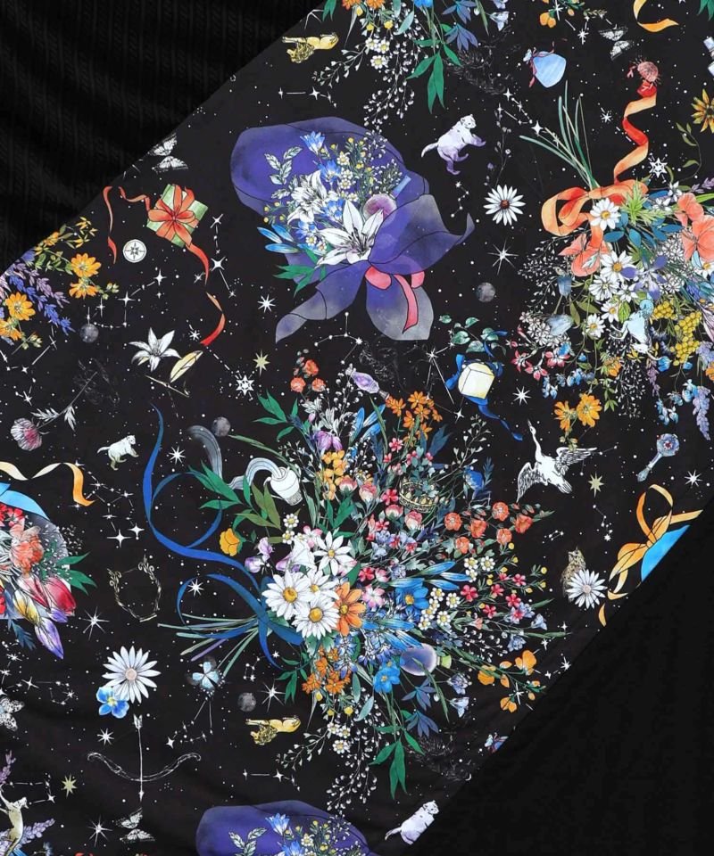 ネコと花の天の川柄 ドロストワンピース-8