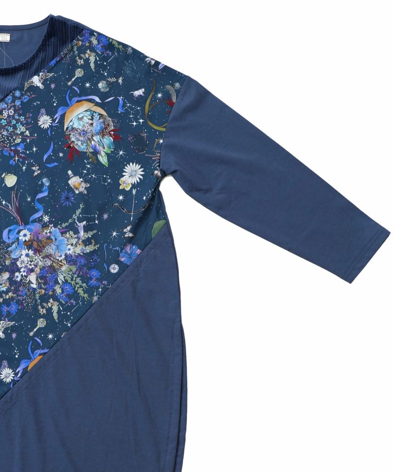 ネコと花の天の川柄 ドロストワンピース-14