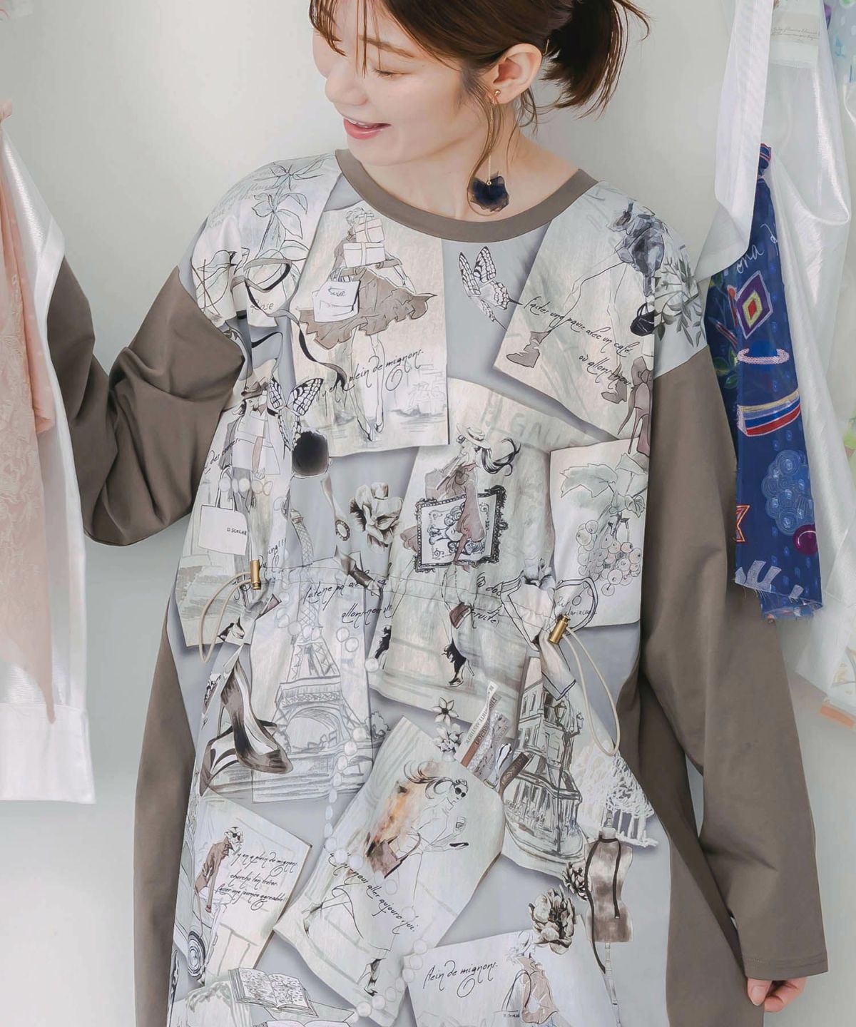 お買い物大好き女子のコラージュ柄ワンピース-8