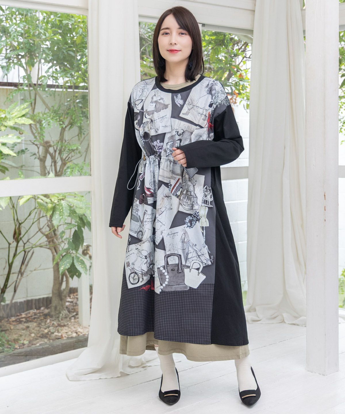 お買い物大好き女子のコラージュ柄ワンピース-9