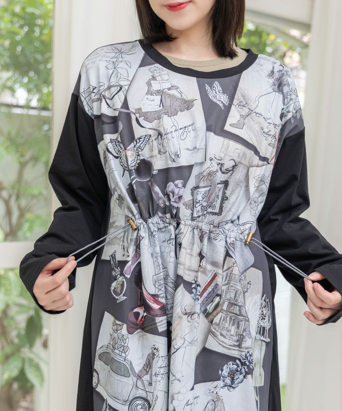 お買い物大好き女子のコラージュ柄ワンピース-12