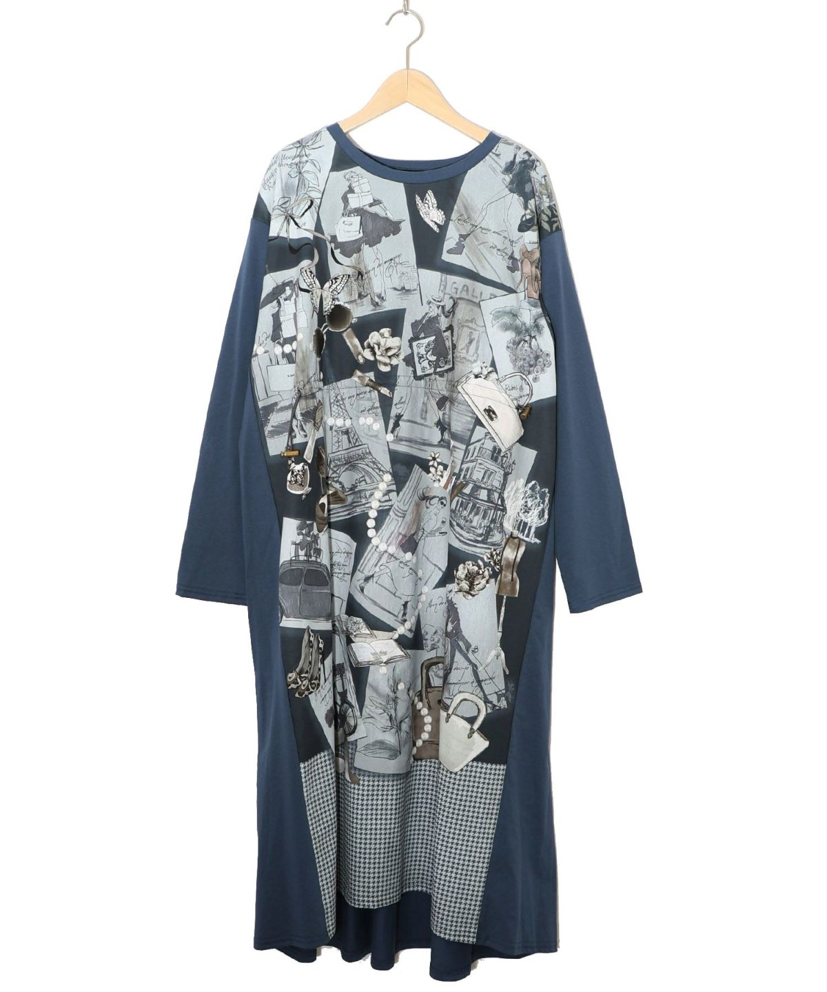 お買い物大好き女子のコラージュ柄ワンピース-16