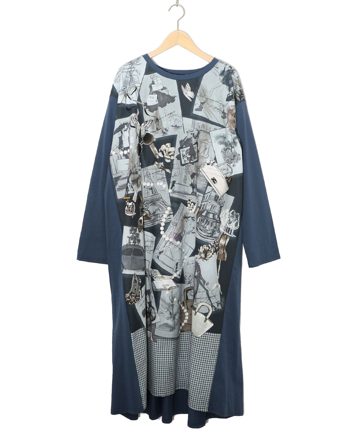 お買い物大好き女子のコラージュ柄ワンピース-16