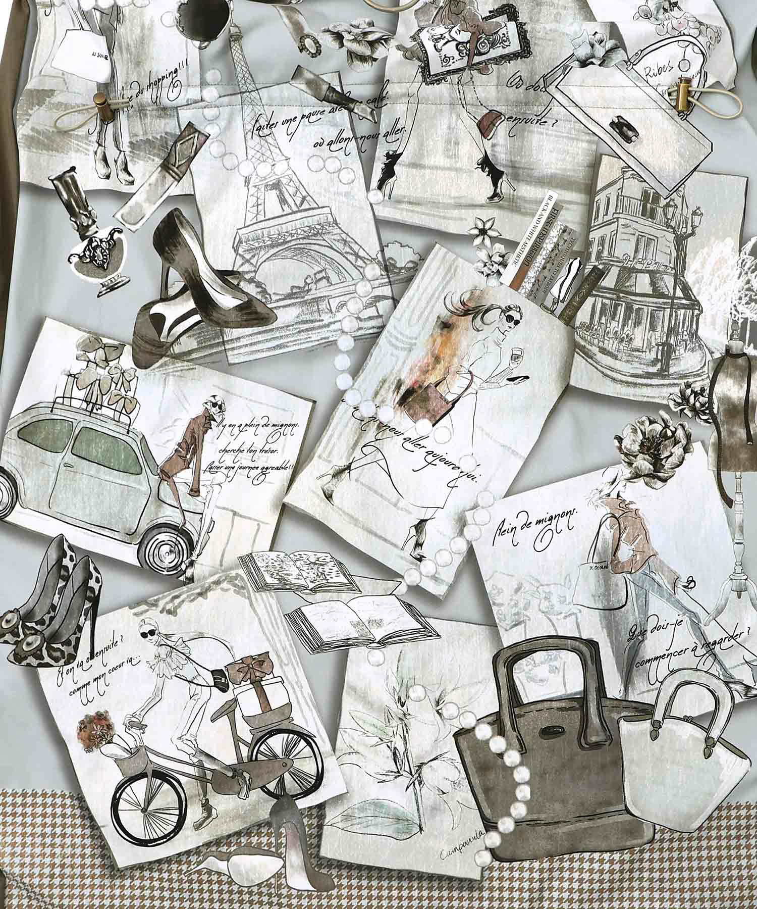 お買い物大好き女子のコラージュ柄ワンピース-19