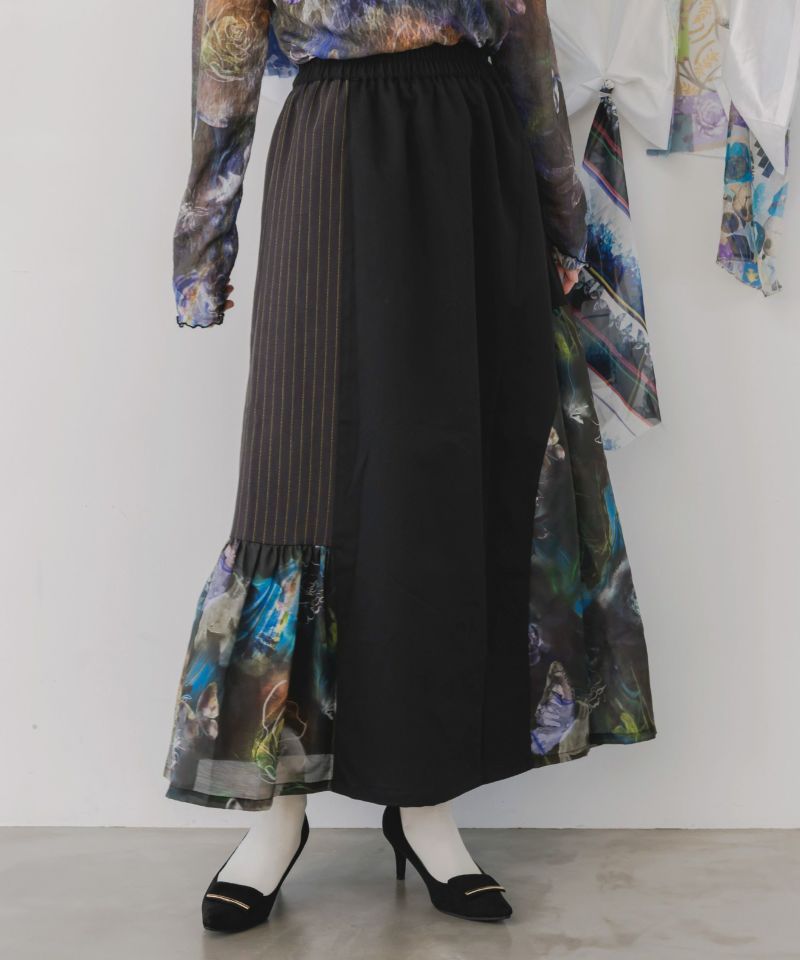アート花柄異素材切替スカート-1
