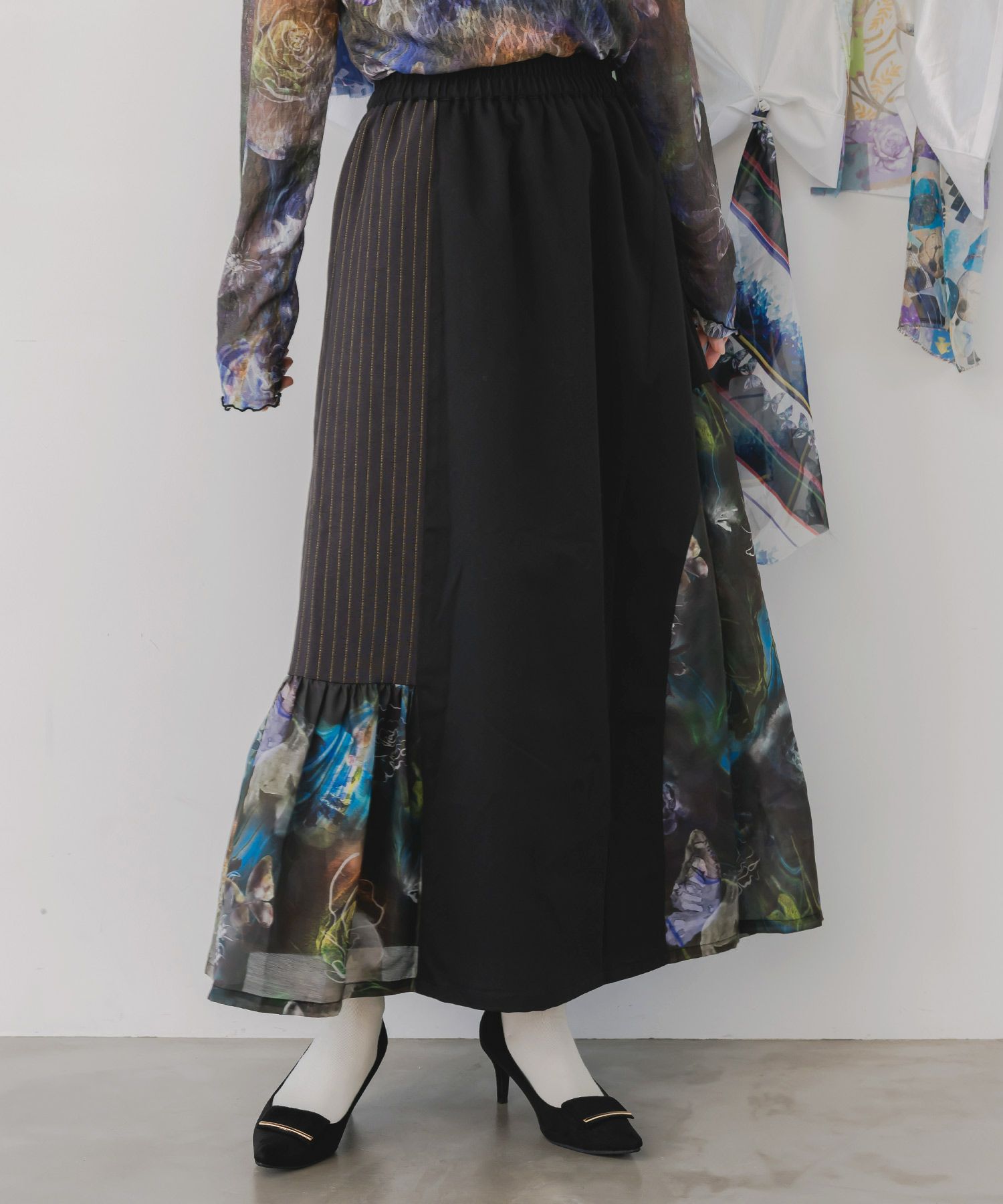 553231：アート花柄異素材切替スカートの通販-ScoLar
