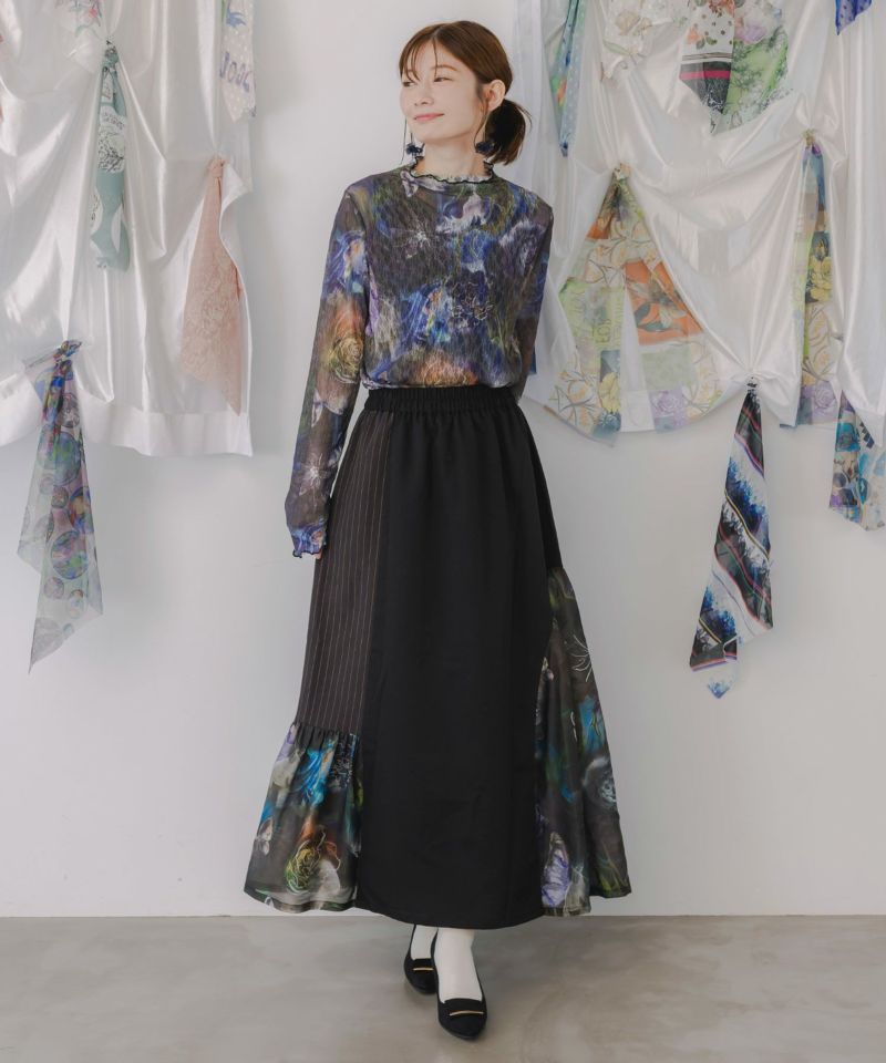 アート花柄異素材切替スカート-2