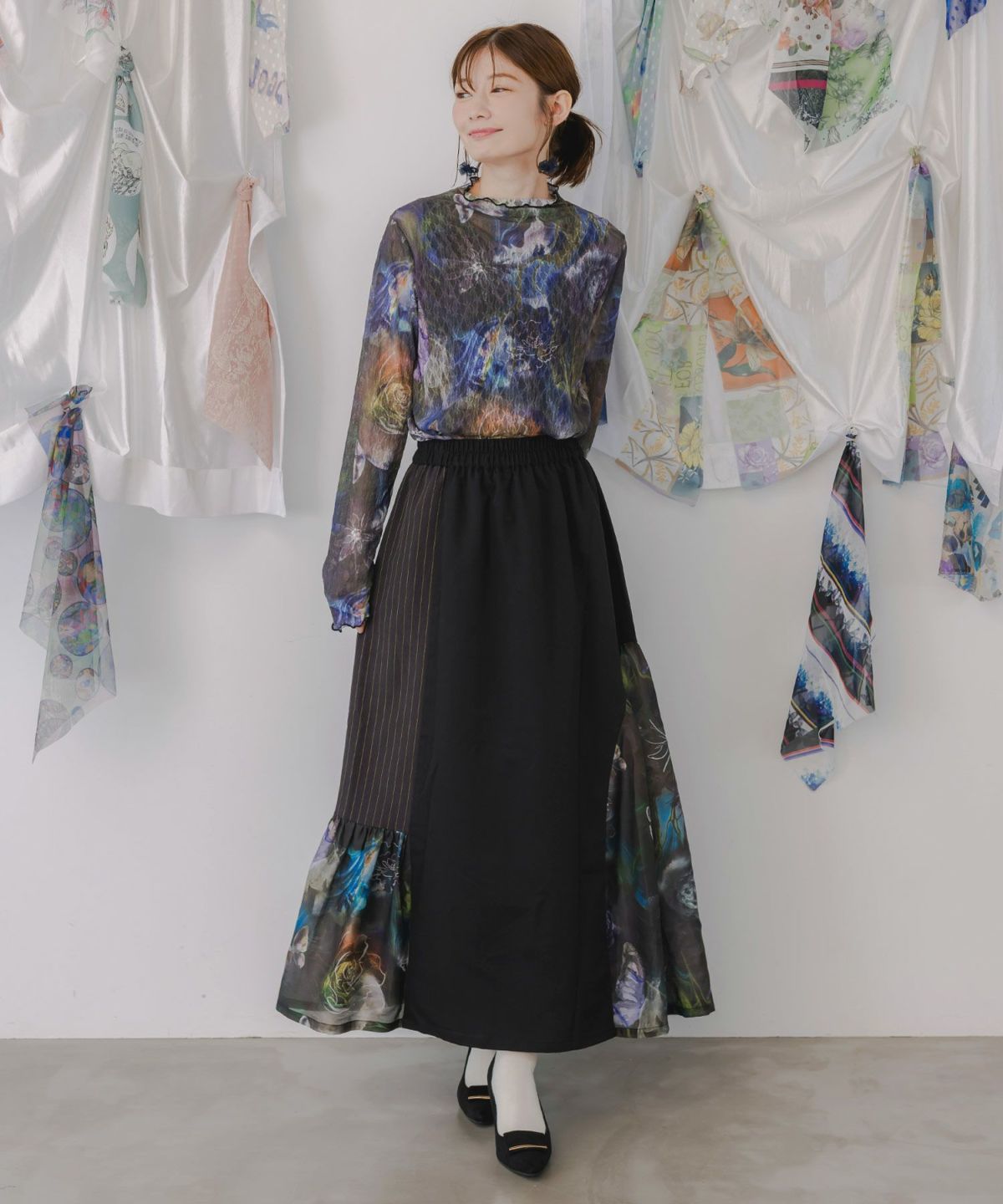 アート花柄異素材切替スカート-2