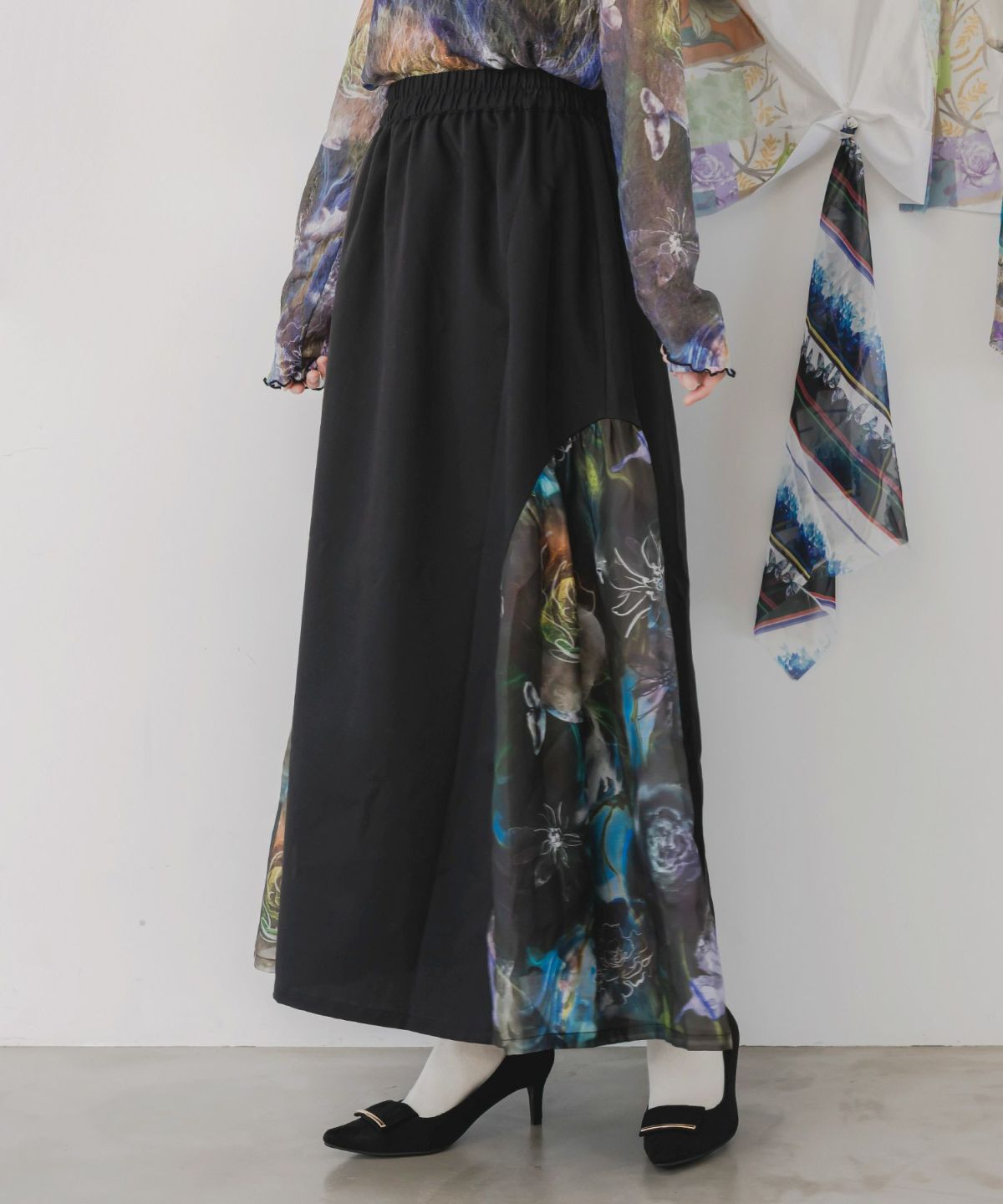 アート花柄異素材切替スカート-3