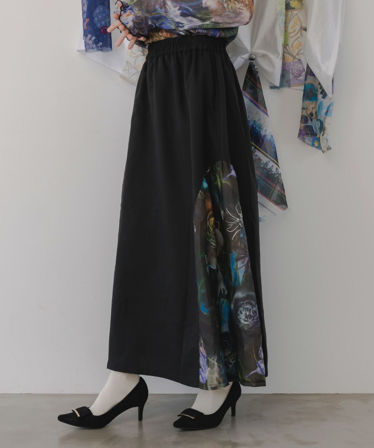アート花柄異素材切替スカート-4
