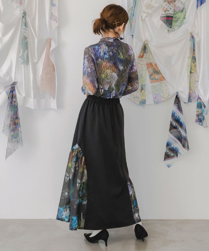 アート花柄異素材切替スカート-5