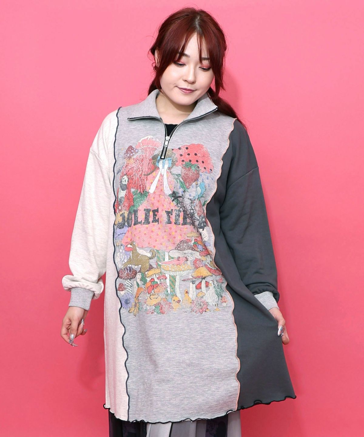 メロウ加工配色ハーフジップワンピース-1