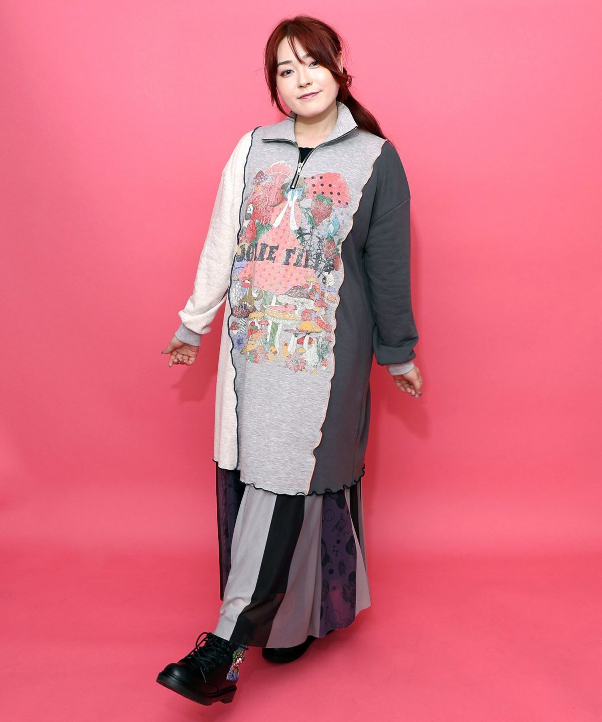 メロウ加工配色ハーフジップワンピース-2