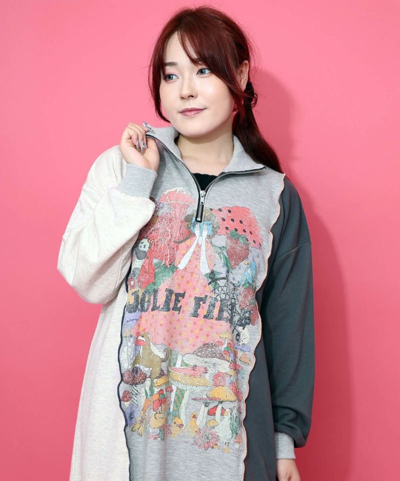 メロウ加工配色ハーフジップワンピース-3