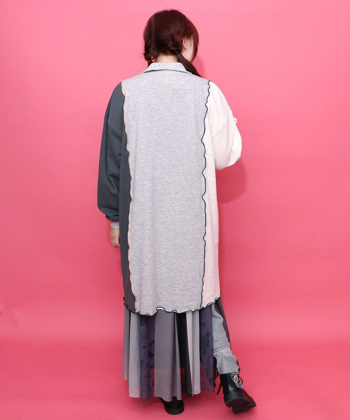 メロウ加工配色ハーフジップワンピース-5