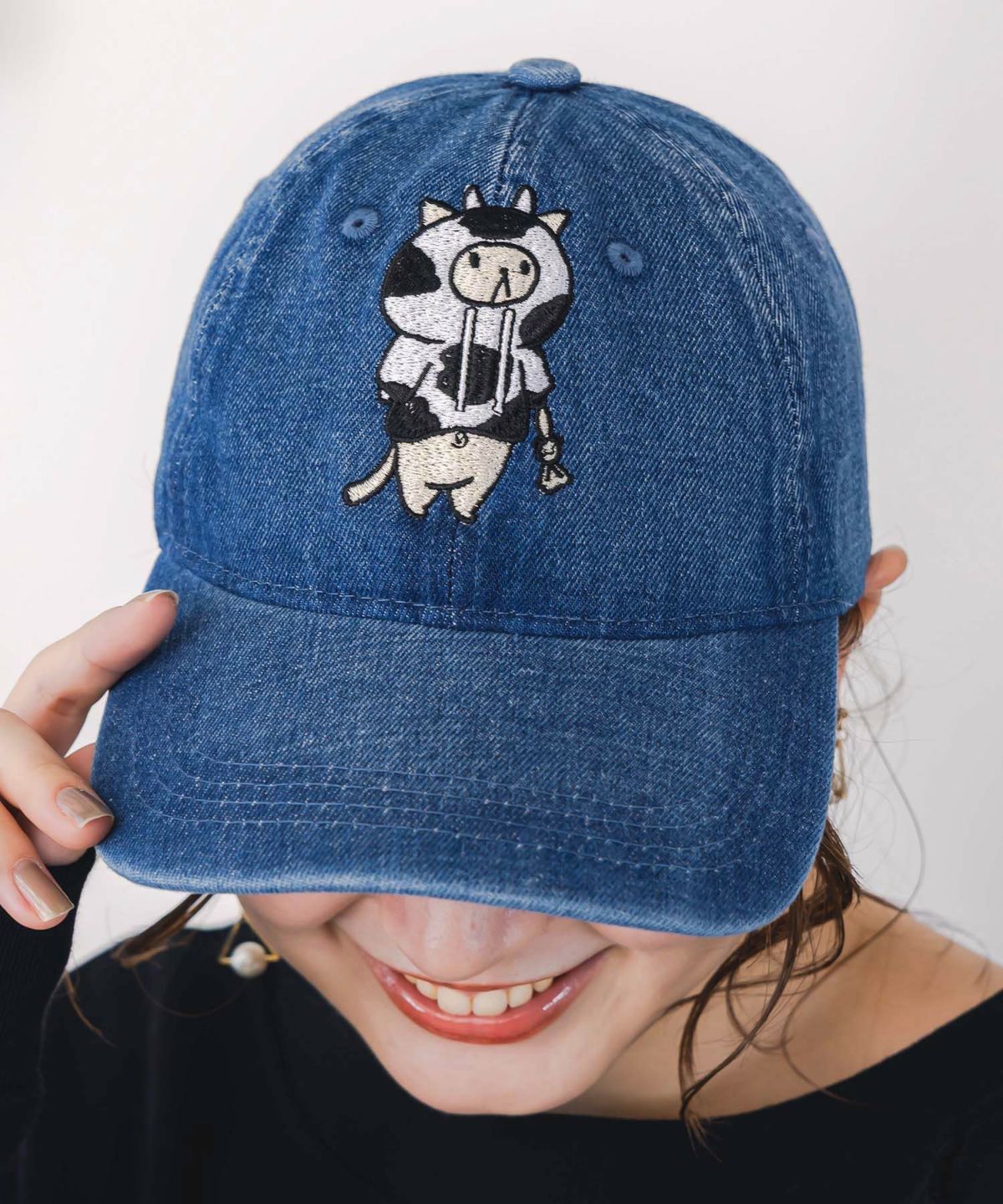 牛ネコ刺繍デニムキャップ-3