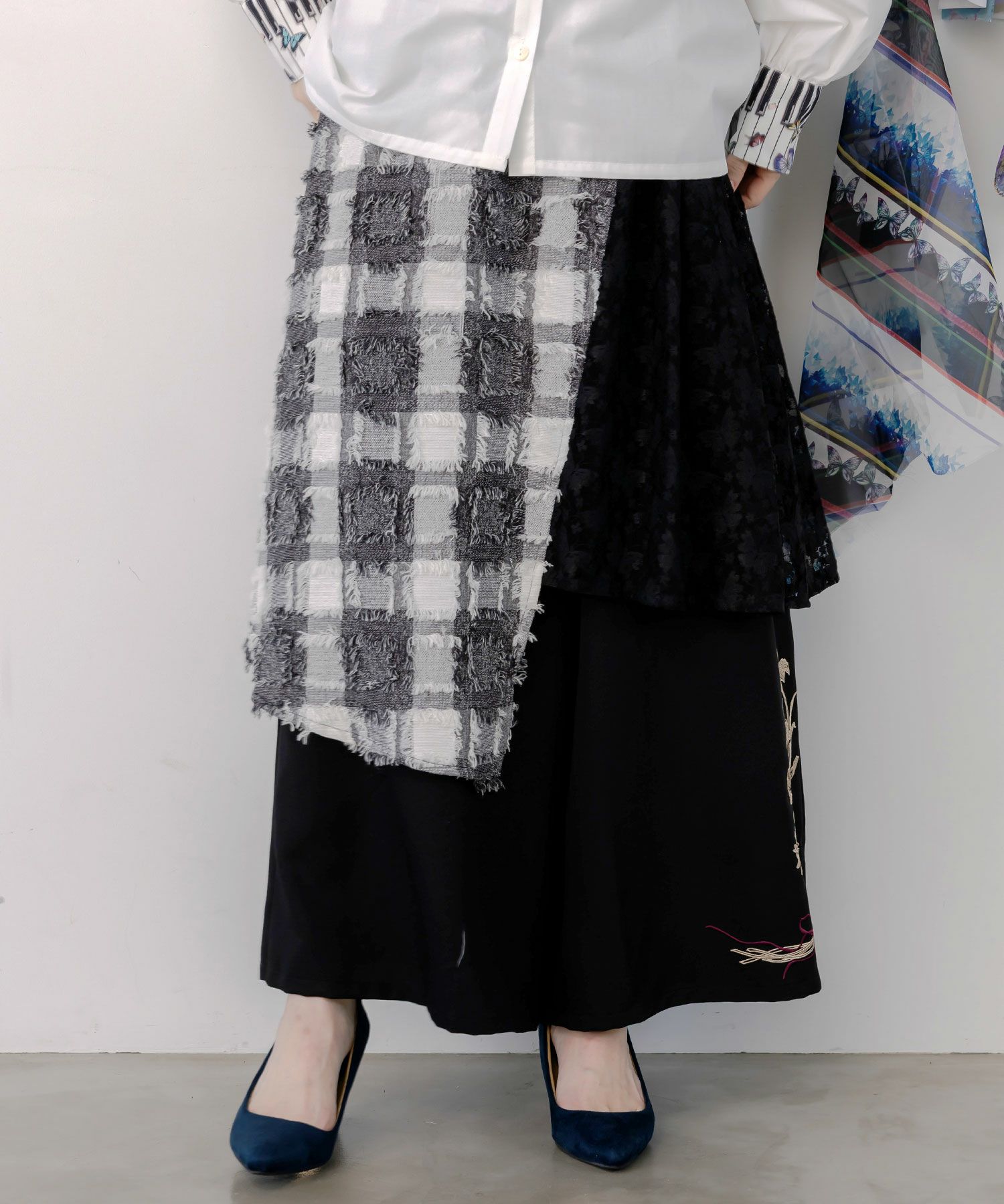 553230：レース×チェック柄 異素材切替パンツの通販-ScoLar 