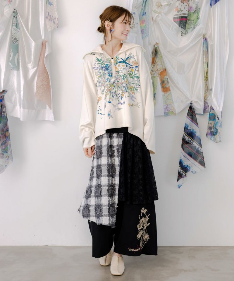 レース×チェック柄 異素材切替パンツ-2