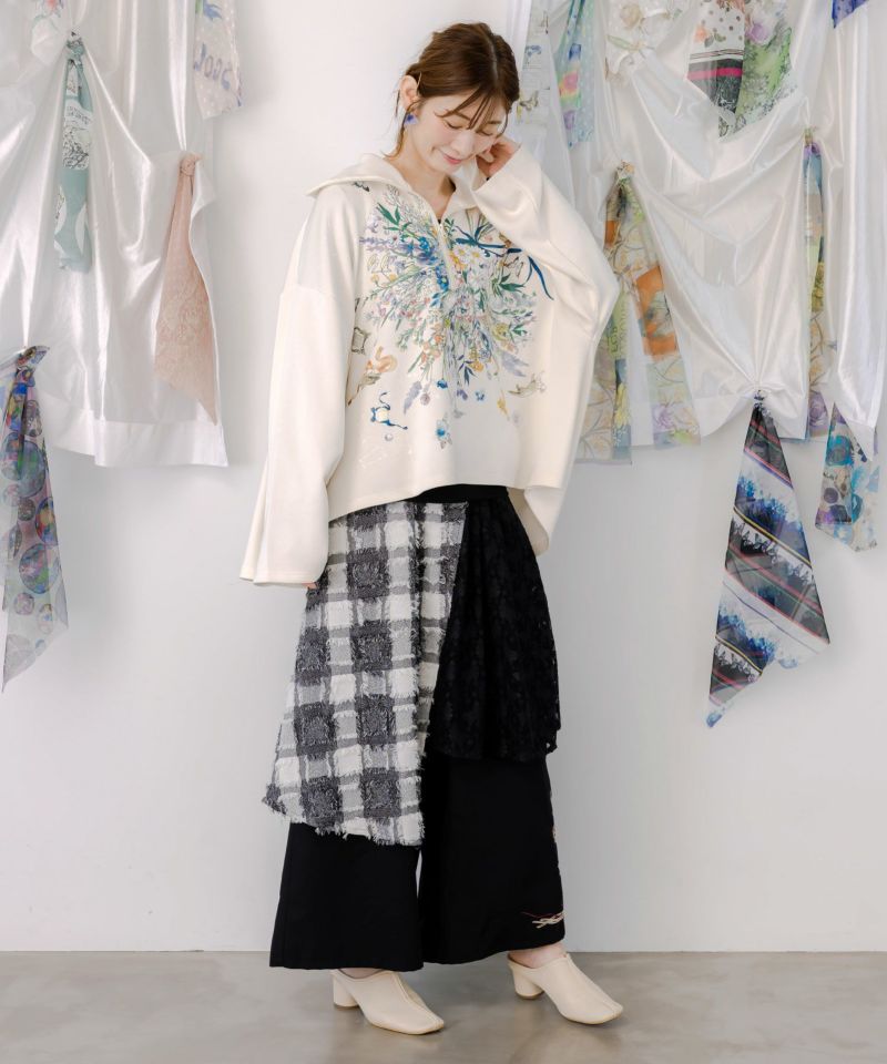 レース×チェック柄 異素材切替パンツ-3