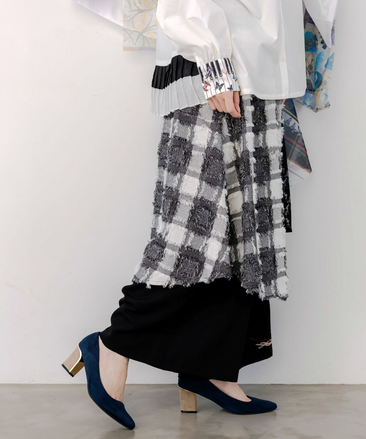 レース×チェック柄 異素材切替パンツ-6